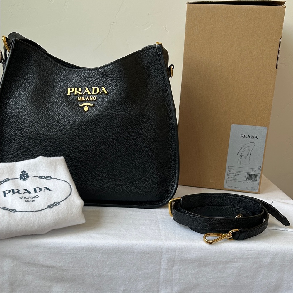 Prada Black Leather Hobo Bag with 2 Shoulder Strap